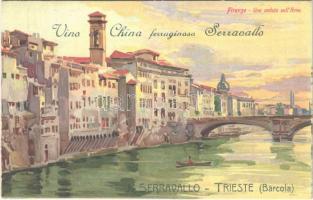 Firenze, Florence; Una veduta sellArno, Vino China Ferruginosa Serravallo / Tonic wine advertisement (Malaria antidote medicine). litho