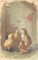 1907 Húsvéti üdvözlet! Kiscsibék és pók / Easter greeting. Chicken with spider. Emb. litho (EK)