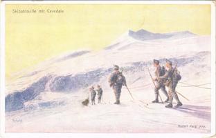 Skipatrouille mit Cevedale. Rotes Kreuz, Kriegsfürsorgeamt Kriegshilfsbüro Nr. 212. / WWI Austro-Hungarian K.u.K. military art postcard, ski patrol with Monte Cevedale s: Rudolf Kargl