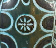 PJ. jelzéssel: Kockás-csíkos padlóváza. Mázas kerámia, kézzel festett, jelzett, hibátlan. 38 cm