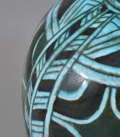 PJ. jelzéssel: Kockás-csíkos padlóváza. Mázas kerámia, kézzel festett, jelzett, hibátlan. 38 cm