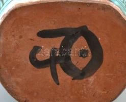 PJ. jelzéssel: Kockás-csíkos padlóváza. Mázas kerámia, kézzel festett, jelzett, hibátlan. 38 cm