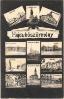 Hajdúböszörmény, Zsinagóga, vasútállomás, városháza, Uránia színház, Központi új fiúiskola. Bácsy Péter kiadása, Art Nouveau, mozaik