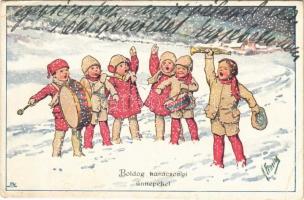 1921 Boldog Karácsonyi ünnepeket / Children art postcard with Christmas greeting, music band. B.K.W.I. 3207-1. s: K. Feiertag (EB)