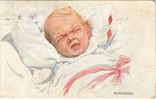 Weltschmerz / Children art postcard with crying baby. B.K.W.I. 977-4. s: K. Feiertag (kopott sarkak / worn corners)