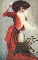 Kellemes karácsonyi ünnepeket! / Christmas greeting with lady. Raphael Tuck & Sons Oilette Connoisseur Postcard A Merry Heart 2773.