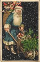 1911 Boldog karácsonyi ünnepeket! Mikulás ajándékokkal / Christmas greeting with Saint Nicholas and presents, litho