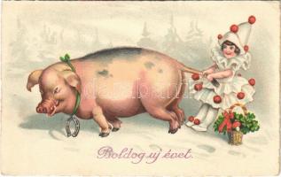 1927 Boldog új évet. Bohóclány malaccal / New Year greeting. Clown girl with pig. WSSB 9694.