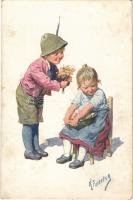 1919 Children art postcard, romantic couple. B.K.W.I. 982-3. s: K. Feiertag (fl)