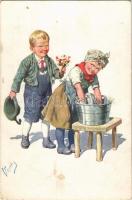 1919 Children art postcard, romantic couple. B.K.W.I. 982-2. s: K. Feiertag (fl)