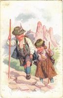 1917 Children art postcard, romantic couple, hiking. B.K.W.I. 775-3. s: K. Feiertag (kopott sarkak / worn corners)