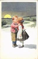Children art postcard, romantic couple. B.K.W.I. 520-5. s: K. Feiertag (EK)