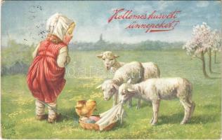 1931 Kellemes húsvéti ünnepeket! / Children art postcard with Easter greeting, girl with sheep, eggs and chicken. Raphael Tuck & Sons Oilette Serie Ostergäste No. 980. (EK)