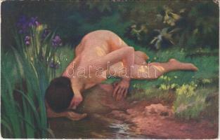 1917 An der Quelle / Erotic nude lady art postcard. Art moderne 717. s: Brunner (EB)