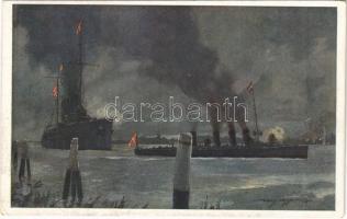 SMS Novara und Scharfschütze im Kanal von Porto Corsini bei Beschießung der italienische Strandbatterien am 24. Mai 1915 / WWI Austro-Hungarian Navy art postcard, K.u.K. Kriegsmarine, light cruiser SMS Novara and SMS Scharfschütze destroyer. Offizielle Postkarte des Österreichischen Flottenvereines zu Gunsten des Kriegsfürsorgeamtes des Kriegshilfsbüros und des Roten Kreuzes Nr. F. 44. s: Harry Heusser (Rb)