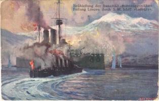 1916 Beschießung der französisch-montenegrinischen Festung Lovcen durch SMS Radetzky (Linienschiffe). K.u.K. Kriegsmarine. Offizielle Postkarte des Österreichischen Flottenvereines zu Gunsten der Kriegsfürsorge. Postkartenverlag Brüder Kohn / WWI Austro-Hungarian Navy SMS Radetzky pre-dreadnought battleship bombing French-Montenegrin fortress Lovcen. s: Alex Kircher (Rb)