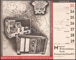 1938 Magyar Királyi Külkereskedelmi Hivatal 1938-as naptára, a borítón Klaudinyi László (1904-1984) ...