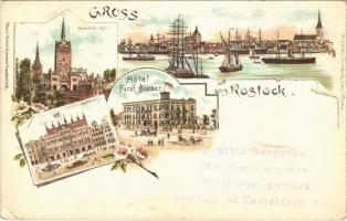 1898 (Vorläufer) Rostock, Kröpelinerthor, Hotel Fürst Blücher, Rathhaus / gate tower, hotel, town hall. Art Nouveau, floral, litho  (EK)