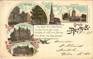 1899 (Vorläufer) Rostock, Wallpromenade, Petri Kirche, Kröpeliner Thor, Ständehaus, Post / promenade, church, gate tower. Art Nouveau, floral, litho (EK)