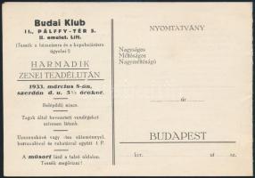 1933 Budai Klub harmadik zenei teadélutánjának meghívója