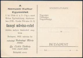1933 Nemzeti Kultur Egyesület ünnepi művész-estjének meghívója