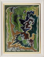 Kesztyűs Ferenc (1932- ): Barátnők, színes mázakkal festett kerámia, jelzett, keretben 21x15,5 cm