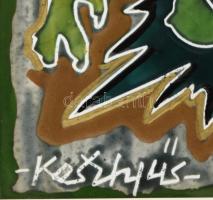 Kesztyűs Ferenc (1932- ): Barátnők, színes mázakkal festett kerámia, jelzett, keretben 21x15,5 cm