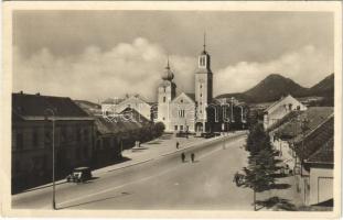 1954 Vágbeszterce, Povazská Bystrica; utca, templom, automobil, vendéglő / street view, automobile, church, inn (EB)