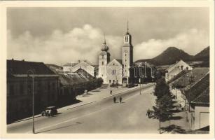 Vágbeszterce, Povazská Bystrica; utca, templom, automobil, vendéglő / street view, automobile, church, inn