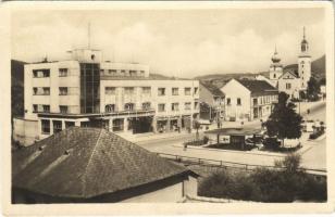 1954 Vágbeszterce, Povazská Bystrica; Fő tér, templom, automobil / main square, church, automobile (EK)