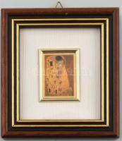 Mini teás kanna és kép keretben, Gustav Klimt  díszítménnyel, zománcozott fém. Kopott, sérült.m: 9 c...