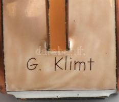 Mini teás kanna és kép keretben, Gustav Klimt  díszítménnyel, zománcozott fém. Kopott, sérült.m: 9 c...