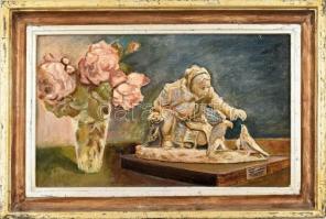 Jelzés nélkül: Csendélet virágokkal és szoborral. Olaj, vászon. Fa keretben. 28,5x46,5 cm
