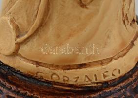 Keleti szobor, virágot tartó nő, műgyanta, jelzett, m: 27cm