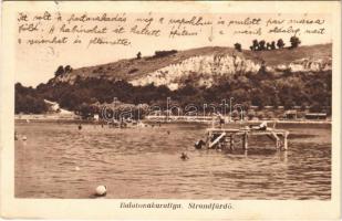 1938 Balatonakarattya, strandfürdő, fürdőzők, stég + "KESZTHELY - BUDAPEST 48 C" vasúti mozgóposta bélyegző (EK)