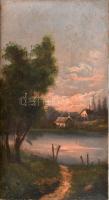Jelzés nélkül, feltehetően XIX sz. második felében működött osztrák festő munkája: Vízparti naplemente. Olaj, vászon, restaurált. 47,5x26,5 cm