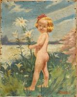 Szalkay Gusztáv (1874-1933): Kislány a vízparton. Olaj, vászon. 39x28 cm