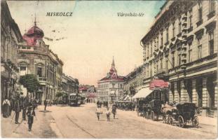 Miskolc, Városház tér, villamos, lovashintók, Korona szálloda  (EK)