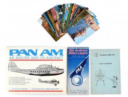 cca 1960-80 Pan Am Airlines gyűjtemény: könyv, utazási segédlet, leírás, 25 db képeslap / collection (Book, manual, postcards, timetable):