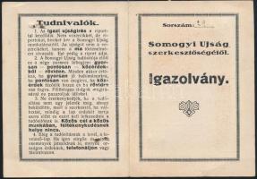 1926 Somogyi Ujság fényképes újságírói igazolvány Wlassics Magda mint a Somogyi Ujság tudósítója rés...