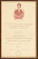 1932 Petőfi-Társaság emléklapja a Petőfi-kultusz terjesztéséért és támogatásáért elismerését és köszönetét fejezi ki, üvegezett fa keretben, pecséttel, pecsételt aláírásokkal.