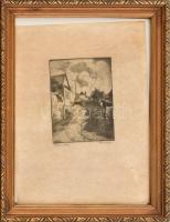 Bajor Ágost (1892-1958): Tabáni utca. Rézkarc, papír, jelzett, üvegezett fa keretben, 10x7,5 cm