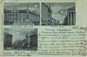 1900 Szabadka, Subotica; Kossuth és Fürdő utca, este, Lichtneckert-féle palota, Pest szálloda, Szentháromság szobor. Hermann Mór kiadása / streets, Trinity statue, palace, hotel, night (EK)