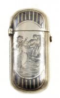 Ezüst(Ag) régi gyufatartó zenés-táncos mintával, jelzett, apró kopásokkal, alul kis horpadásokkal, m: 6,5 cm, nettó 39 g