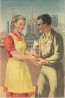 1952 Magyar szocialista propaganda gyári munkással. Művészeti Alkotások / Hungarian Socialist propaganda with factory worker (EK)