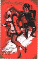 Gruss vom Krampus / Krampus with lady, erotic humour - modern art postcard