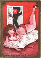 Gruss vom Krampus / Krampus with lady, erotic humour - modern art postcard (EK)