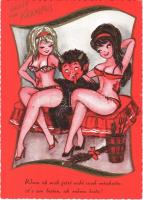Gruss vom Krampus / Krampus with ladies, erotic humour - modern art postcard (EK)