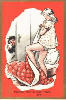 Ungeküßt sollst du nicht schlafen gehn... / Krampus with lady, erotic humour - modern art postcard
