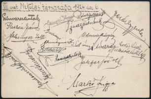1924 A Mikulás társasága c. előadás résztvevői, hátoldalán aláírások, 9x13,8 cm